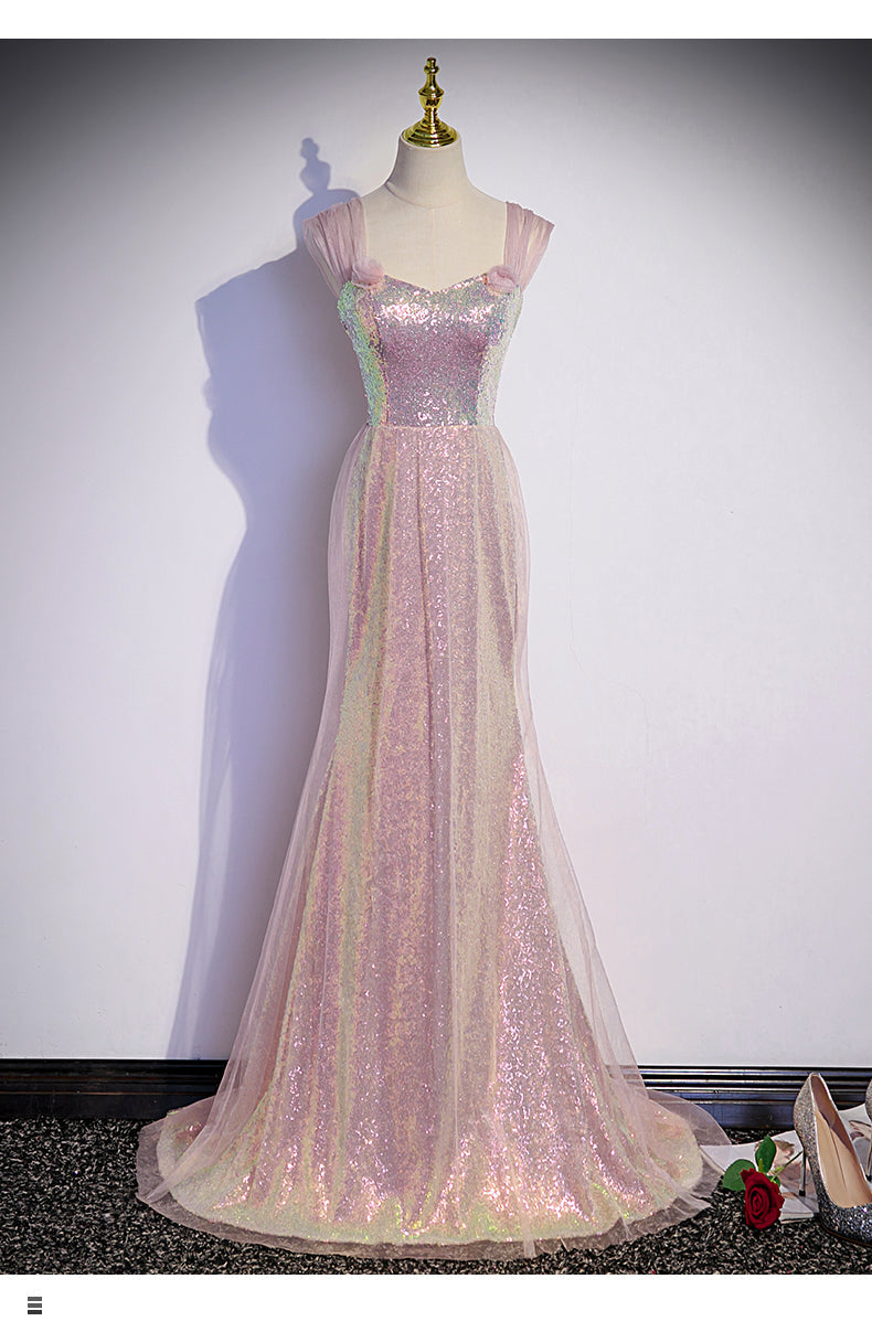 Simple Mermaid Long Sequin Pink Prom Dresses SH037