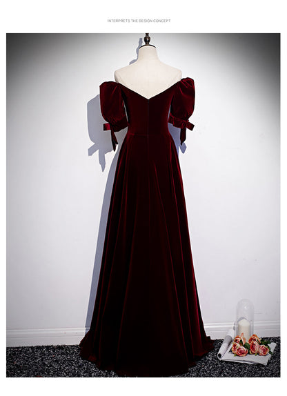 Princess Velvet Short Sleeves Long Red Prom Dresses SH041