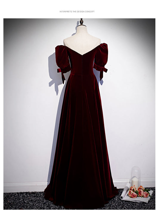 Princess Velvet Short Sleeves Long Red Prom Dresses SH041