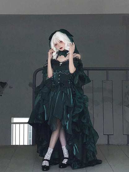 Princess Ball Gown Off The Shoulder Short Sleeves Dark Green High Low Floral 16th Chiffon Birthday Dress Lolita Dress 18th Birthday Outfits W1199