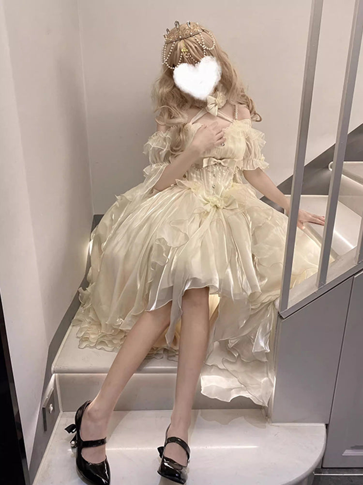 Beautiful High Low Off The Shoulder Short Sleeves Ivory Floral 16th Chiffon Birthday Dress Lolita Dress 18th Birthday Outfits W1221