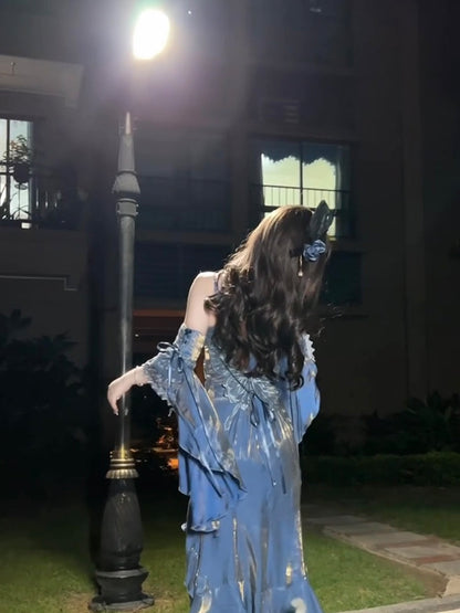 Vestido largo de verano estilo sirena con tirantes finos, estilo lolita, para 18 cumpleaños, estilo vintage, color azul, W1225