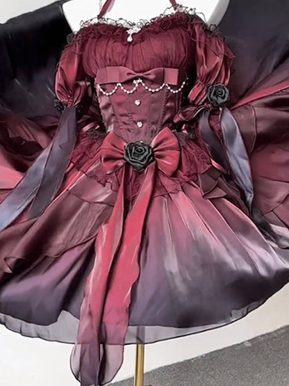 Beautiful High Low Off The Shoulder Short Sleeves Burgundy Rose Floral 16th Chiffon Birthday Dress Lolita Dress 18th Birthday Outfits W1224