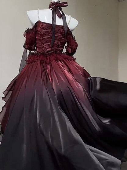 Beautiful High Low Off The Shoulder Short Sleeves Burgundy Rose Floral 16th Chiffon Birthday Dress Lolita Dress 18th Birthday Outfits W1224