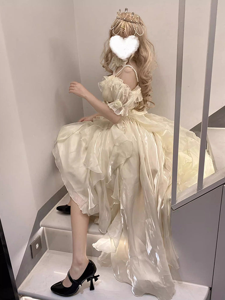 Beautiful High Low Off The Shoulder Short Sleeves Ivory Floral 16th Chiffon Birthday Dress Lolita Dress 18th Birthday Outfits W1221