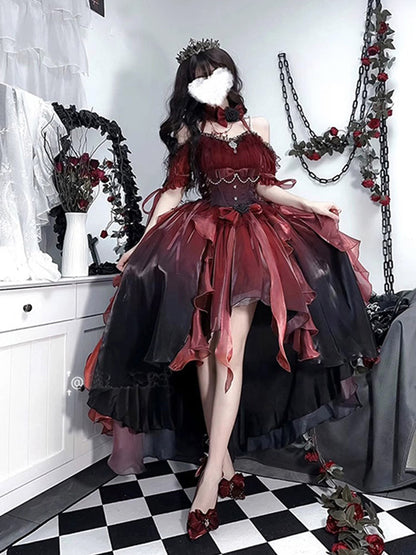 Princess Ball Gown Off The Shoulder Short Sleeves Dark Green High Low Floral 16th Chiffon Birthday Dress Lolita Dress 18th Birthday Outfits W1199