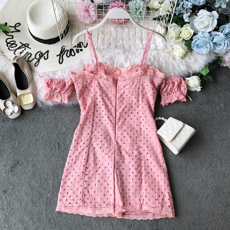 Off shoulder lace cut-out lace strap slim off shoulder dress  3725