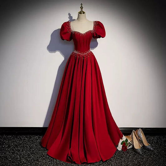Princess Satin Short Sleeves Long Red Prom Dresses SH040