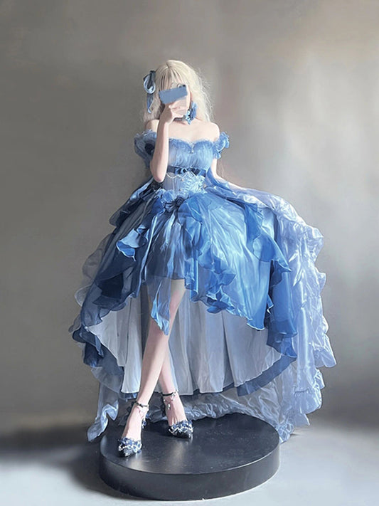Beautiful High Low Off The Shoulder Short Sleeves Blue Rose Floral 16th Chiffon Birthday Dress Lolita Dress 18th Birthday Outfits W1239