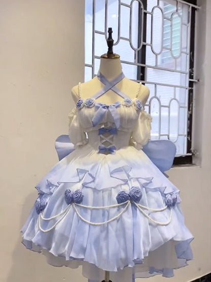 Vintage Ball Gown Spaghetti Straps Short Chiffon Summer 18th Birthday Dress High Low Ombre Blue Pearls Lolita Dress Birthday Outfits W1231