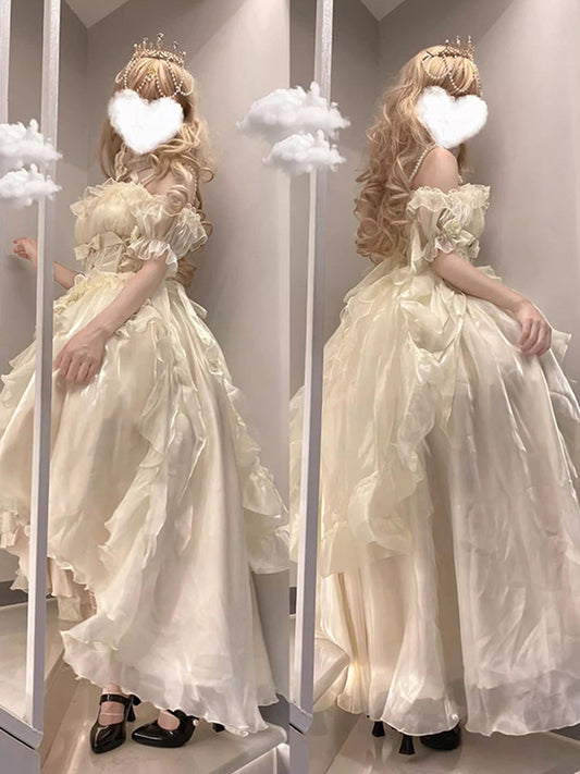 Beautiful High Low Off The Shoulder Short Sleeves Ivory Floral 16th Chiffon Birthday Dress Lolita Dress 18th Birthday Outfits W1221