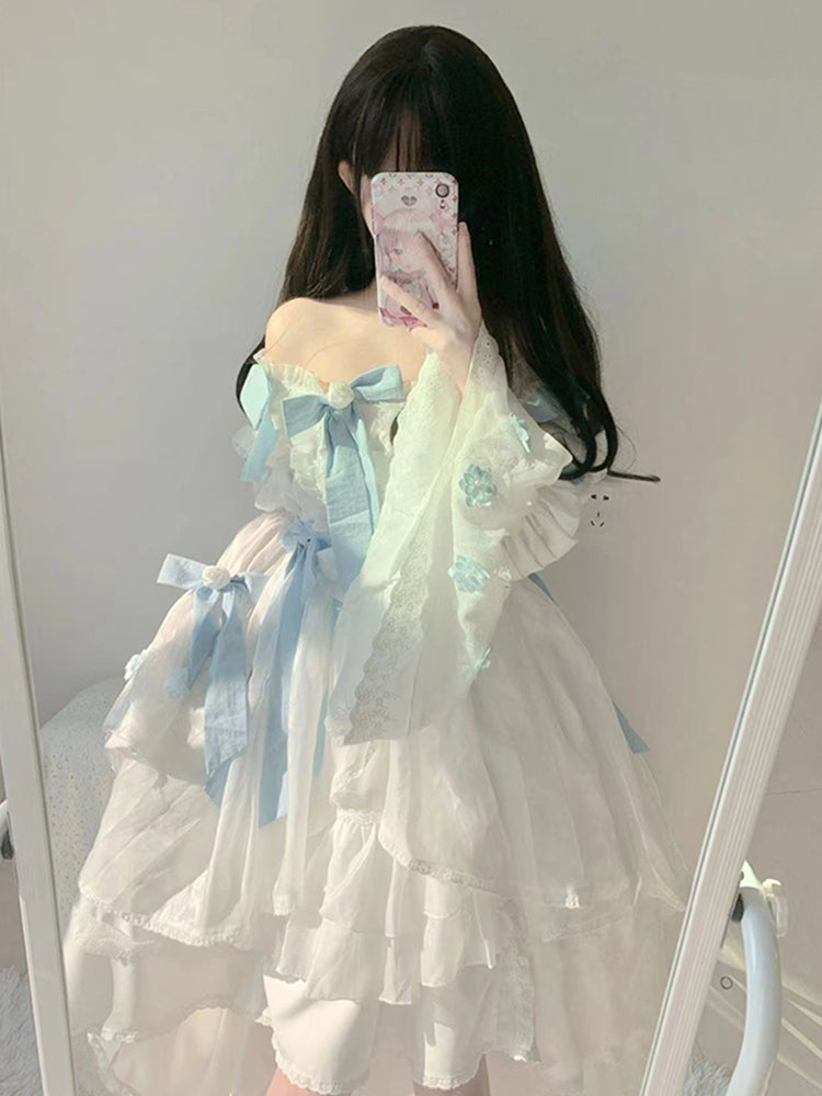 Vestido de fiesta vintage cuadrado de manga larga de gasa blanca para verano, vestido de lolita para 18 cumpleaños, atuendos de cumpleaños W1228