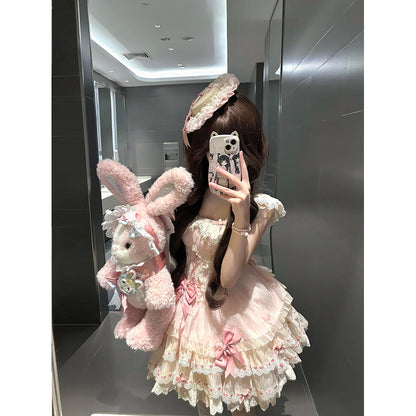 Vestido de fiesta corto de encaje rosa con escote cuadrado, vestido de verano para 18 cumpleaños, vestido lolita, atuendos de cumpleaños W1249