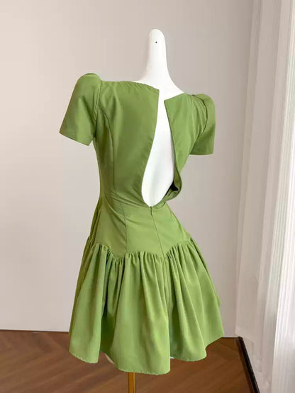Green retro square neck homecoming dress for women summer short chic unique design small high-end dress 11289