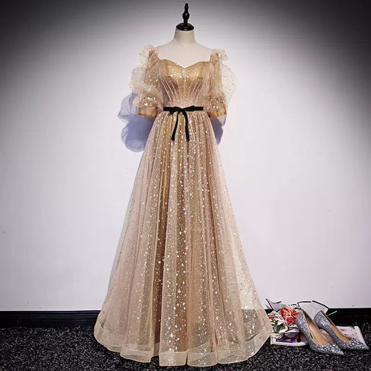A line Short Sleeves Gold Prom Dresses Sexy Evening Dress SH101