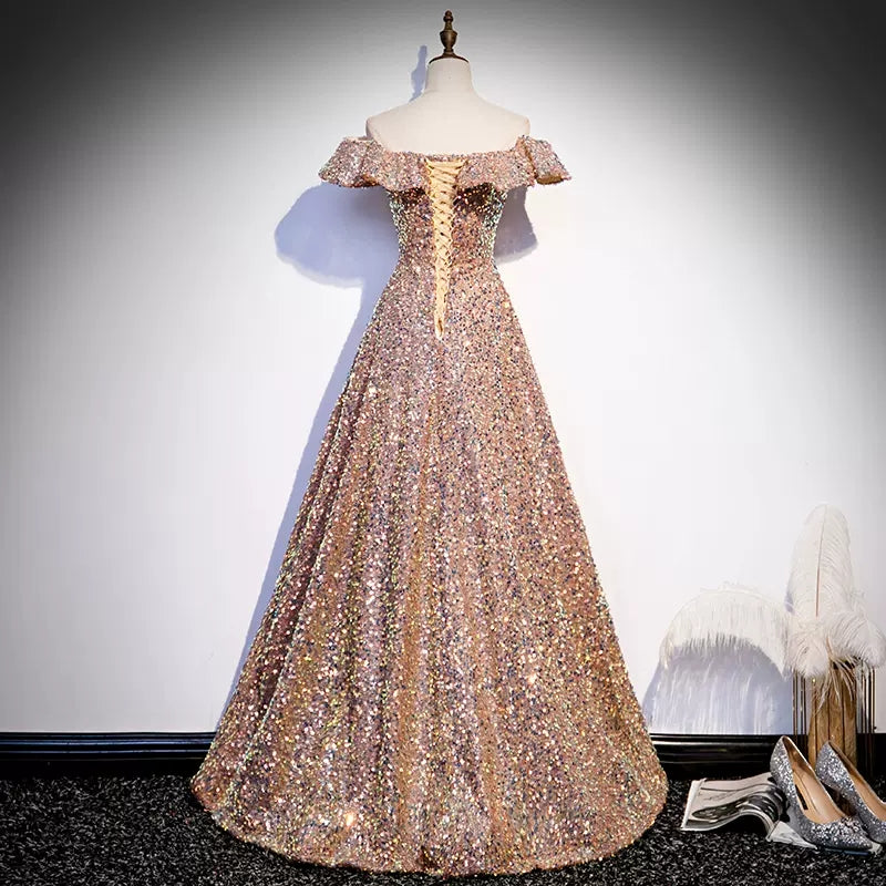 A line Off the Shoulder Pink Sequin Long Prom Dresses SH129