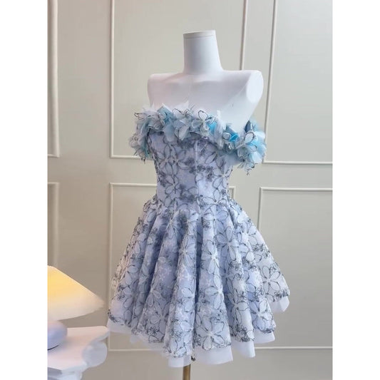 Vestidos de fiesta sencillos de corte A, sin tirantes, de encaje azul, cortos, formales, para el regreso a casa, elegantes, cortos, de noche, para cóctel, para cumpleaños número 18, Hoco Dresses DH2752
