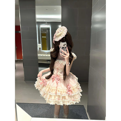 Vestido de fiesta corto de encaje rosa con escote cuadrado, vestido de verano para 18 cumpleaños, vestido lolita, atuendos de cumpleaños W1249