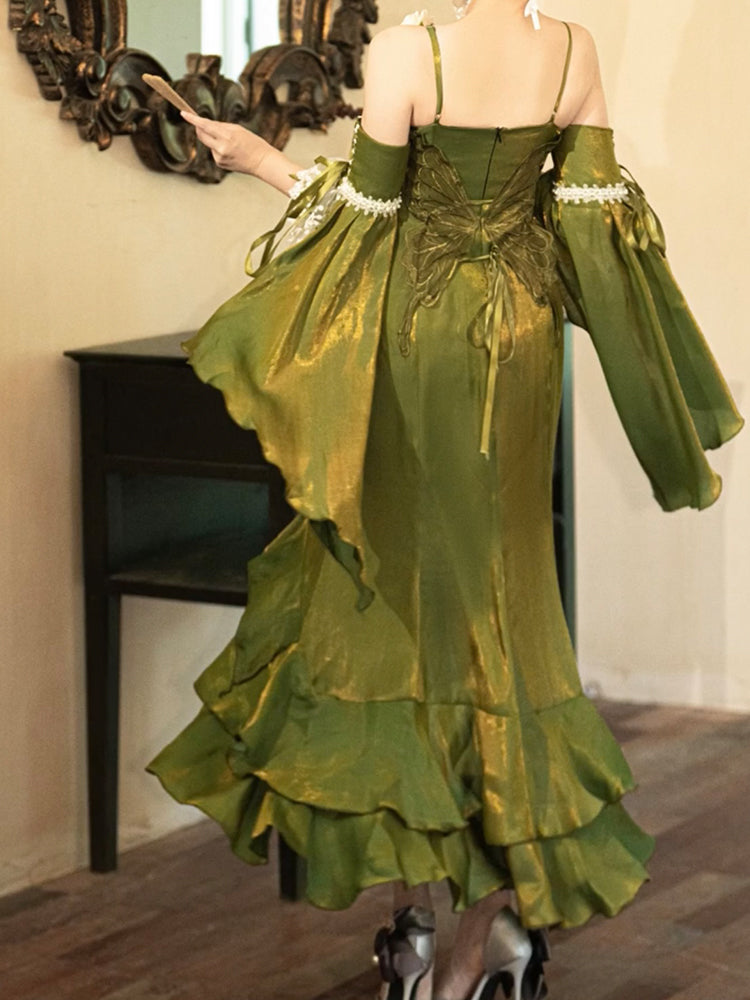 Vestido verde de verano con tirantes finos de sirena para 18 cumpleaños, estilo lolita, W1257