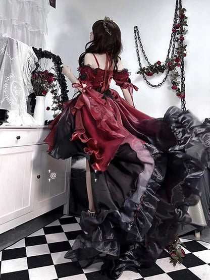 Princess Ball Gown Off The Shoulder Short Sleeves Dark Green High Low Floral 16th Chiffon Birthday Dress Lolita Dress 18th Birthday Outfits W1199