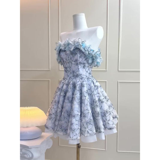 Vestidos de fiesta sencillos de corte A, sin tirantes, de encaje azul, cortos, formales, para el regreso a casa, elegantes, cortos, de noche, para cóctel, para cumpleaños número 18, Hoco Dresses DH2752