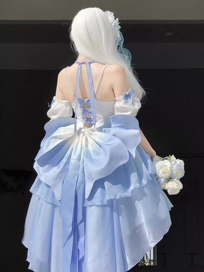 Vintage Ball Gown Spaghetti Straps Short Chiffon Summer 18th Birthday Dress High Low Ombre Blue Pearls Lolita Dress Birthday Outfits W1241