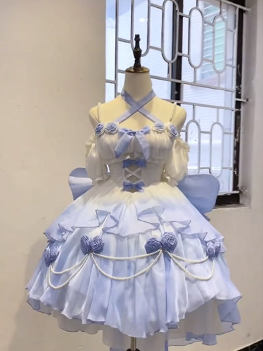 Vestido de fiesta vintage de gasa azul degradado con hombros descubiertos para 22 cumpleaños, vestido lolita, bonitos atuendos lolita DH2448