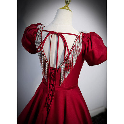 A line Red Short Sleeves Long Prom Dresses SH050