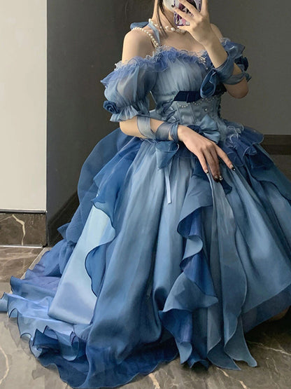 Beautiful High Low Off The Shoulder Short Sleeves Blue Rose Floral 16th Chiffon Birthday Dress Lolita Dress 18th Birthday Outfits W1240