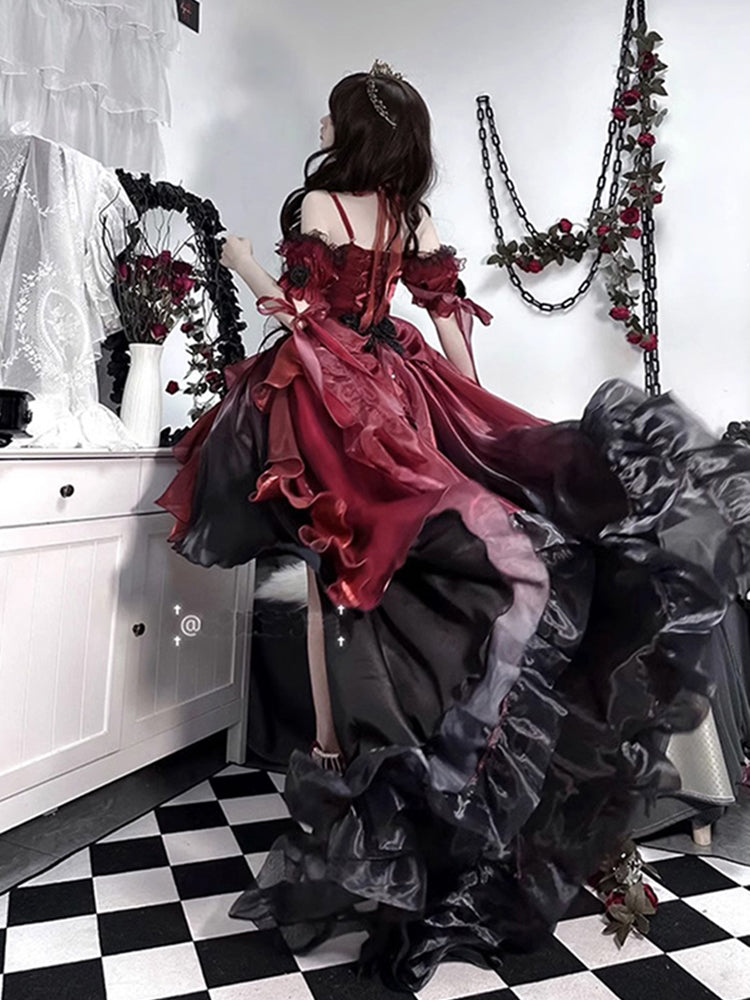 Princess Ball Gown Off The Shoulder Short Sleeves Dark Green High Low Floral 16th Chiffon Birthday Dress Lolita Dress 18th Birthday Outfits W1199