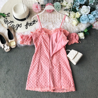 Off shoulder lace cut-out lace strap slim off shoulder dress  3725