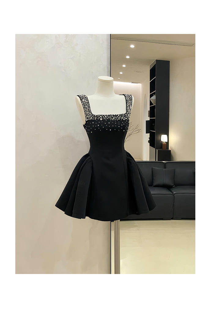 Vestidos de fiesta negros con escote cuadrado y corte A, cortos y elegantes, para el regreso a casa, de noche, para cóctel, para 16 cumpleaños, DH2756