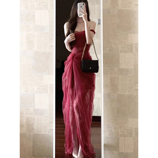 Vestido vintage de encaje burdeos con hombros descubiertos para fiesta de 22 cumpleaños, bonito atuendo de noche DH2443