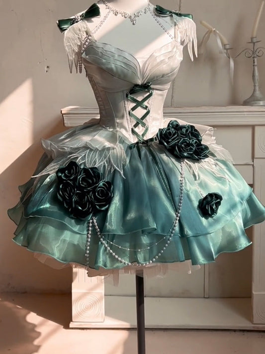 Vestido de fiesta vintage de gasa verde con tirantes finos para 18 cumpleaños, vestido corto lolita verde, atuendos para 18 cumpleaños DH2433