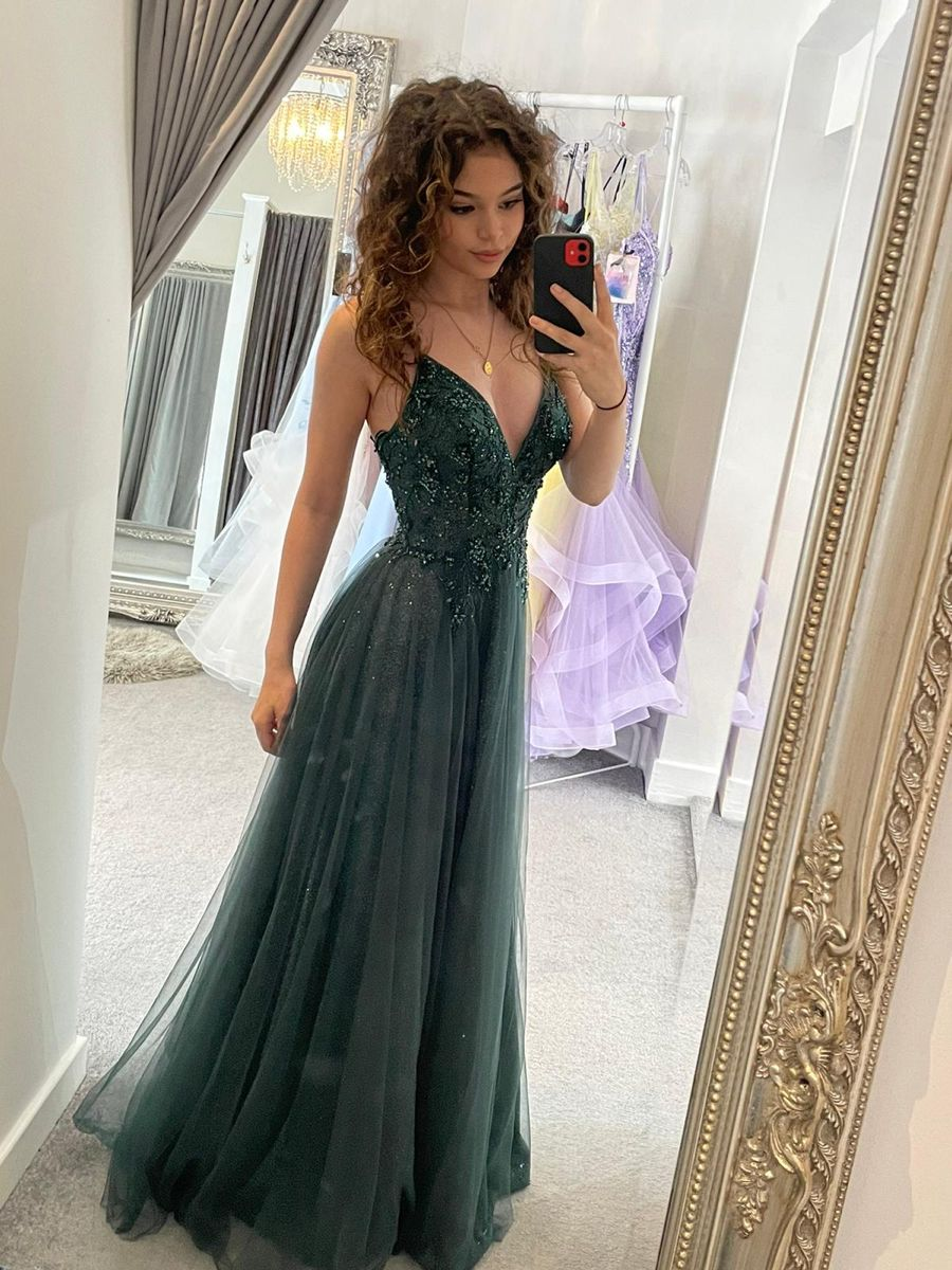 Vestido de fiesta verde largo, corte A, tul, vestidos de gala elegantes