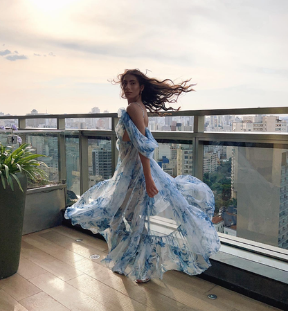 2025 New A Line Off the Shoulder Print Floral Chiffon Prom Dress Evening Dress SH2308