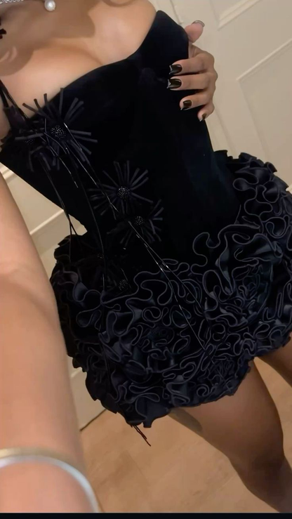 Sexy Black Satin Rose Halter Cocktail Dress Sheath Short Birthday Dress Homecoming Dress S376