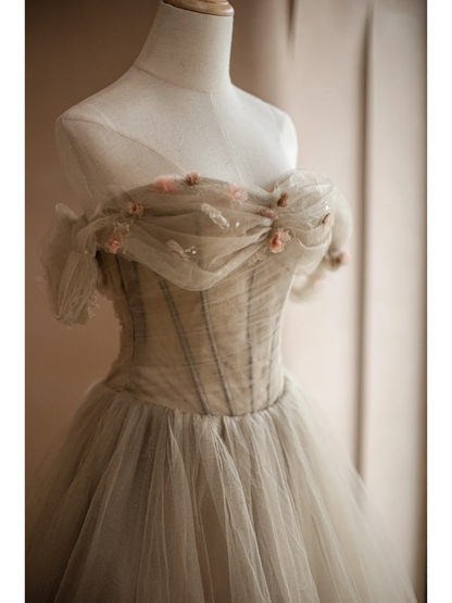 Light Camel A Line Off the Shoulder Floral Tulle Long Party Dress Prom Dress Formal Dress SH3855