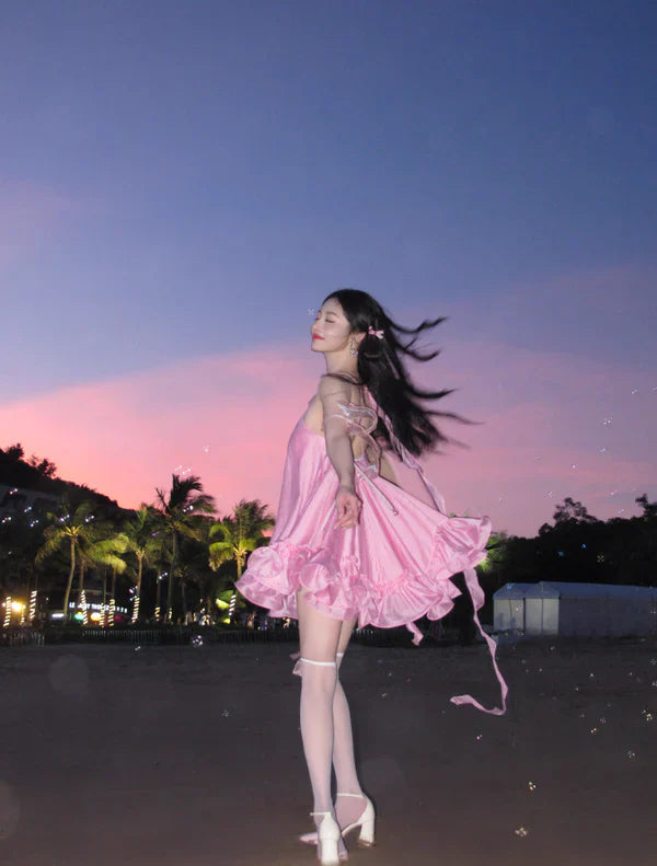 Vestido de fiesta corto de satén rosa con volantes, corte A, vestido de cóctel, vestido de bienvenida TP4429