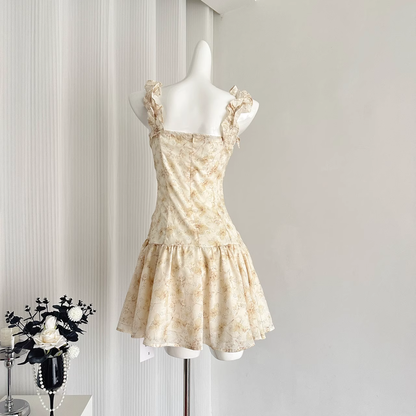 Romantic Floral Short Vacation Dress Yellow Birthday Outfits S290