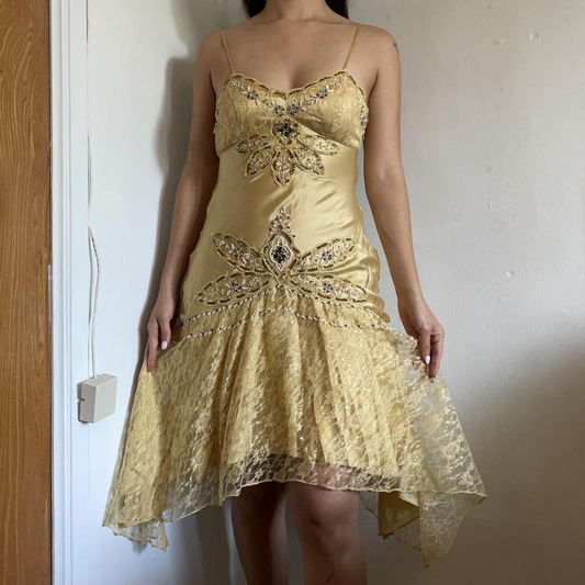 Vintage Gold Satin Lace Beaded Cocktail Dress Spaghetti Straps Homecoming Dress Birthday Outfits S353