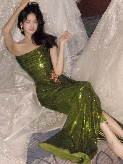Sparkly Mermaid Strapless Long Sequin Green Prom Dress SH1317
