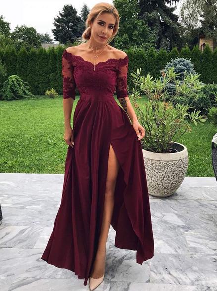 Off-Shoulder 1/2 Sleeves Burgundy Prom Dress A-line Party Gown With Slit GP01