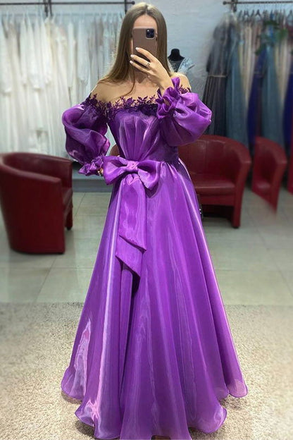 Off-shoulder Long-sleeves Purple Long Prom Dress With Bowknot, GP338
