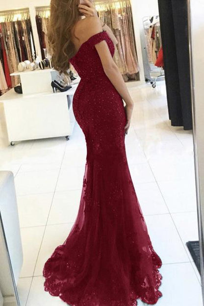 Off-the-Shoulder Mermaid Tulle Beaded Burgundy Prom Evening Dress MP871