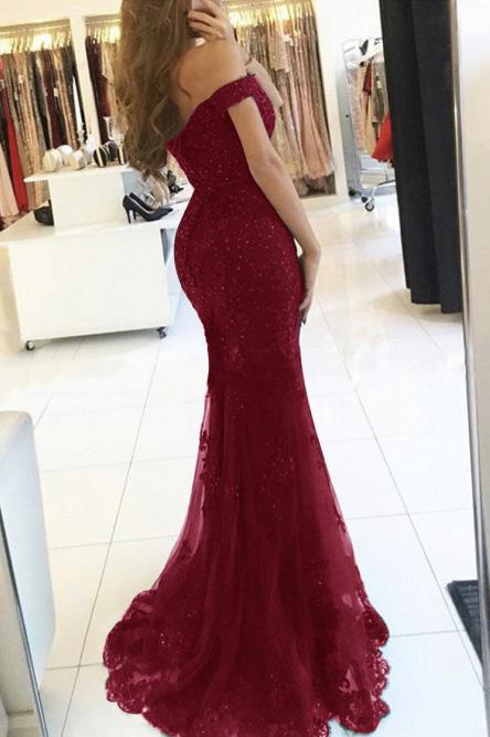 Off-the-Shoulder Mermaid Tulle Beaded Burgundy Prom Evening Dress MP871