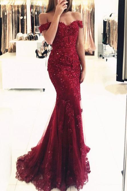 Off-the-Shoulder Mermaid Tulle Beaded Burgundy Prom Evening Dress MP871