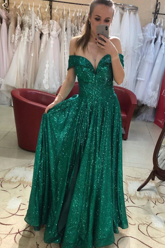 Sparkly Green Sequins Long Prom Dress, Off Shoulder Shiny Evening Gown GP167