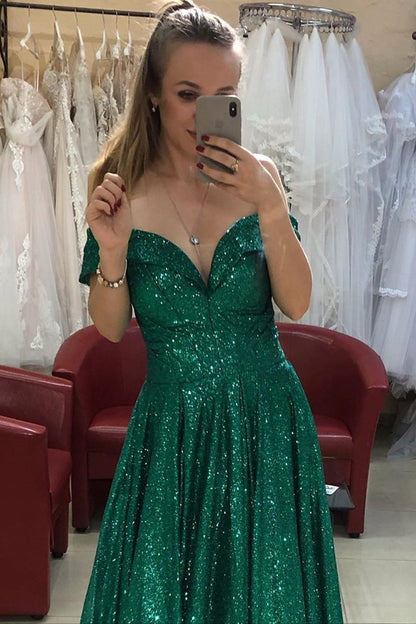 Sparkly Green Sequins Long Prom Dress, Off Shoulder Shiny Evening Gown GP167