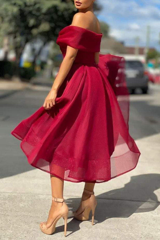 Off Shoulder Burgundy Tulle Prom Dress, Burgundy Bridesmaid Dresses GP280